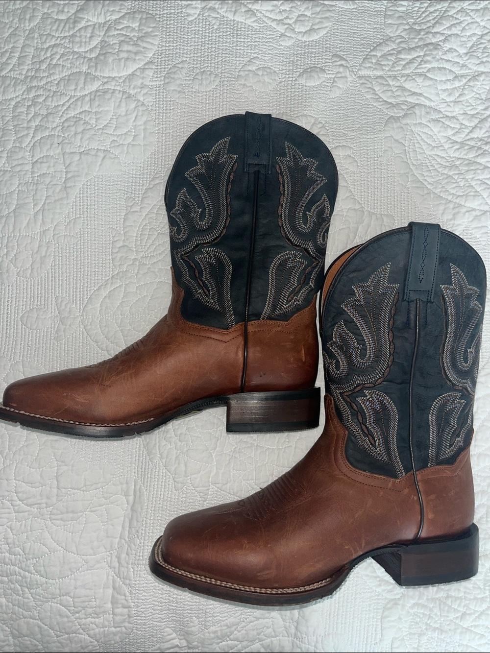 Dan Post Brown Leather Boots with Navy Embroidered Shaft